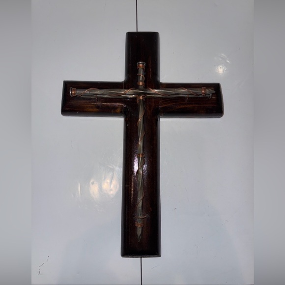 Dark Wooden Hand Made Christian Cross with 3 Wired Nails 14” L X 10” W X 2” D - Picture 1 of 11